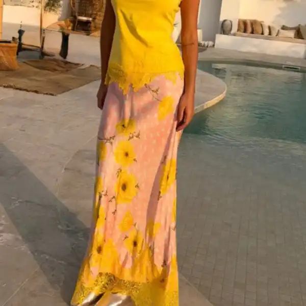 Floral Lace Trim Midi Skirt