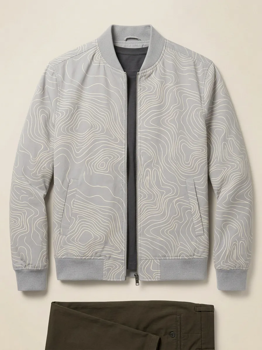 Men's Outdoor Adventure Topographic Map Printed Bomber Jacket Modern Pattern
