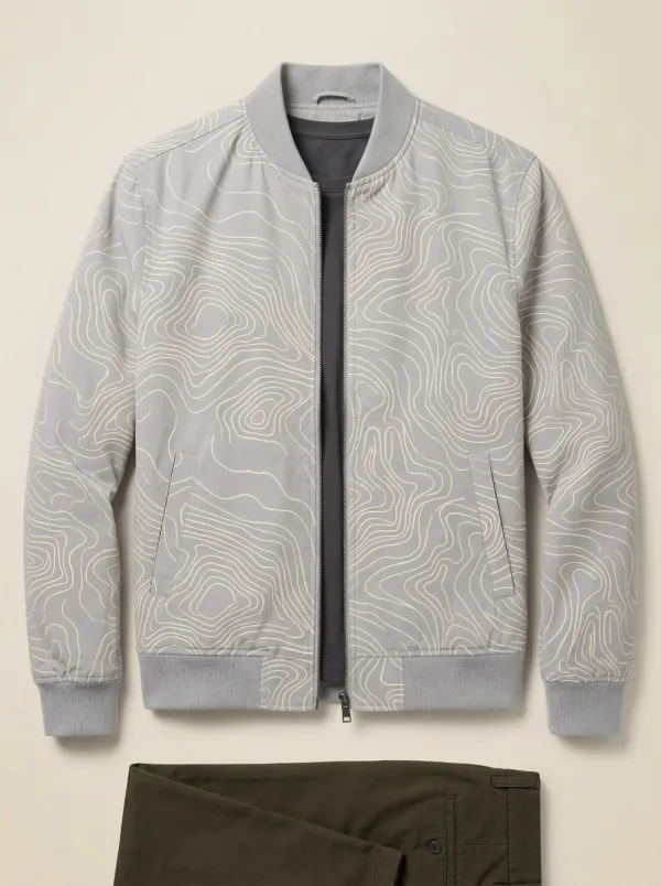 Men's Outdoor Adventure Topographic Map Printed Bomber Jacket Modern Pattern