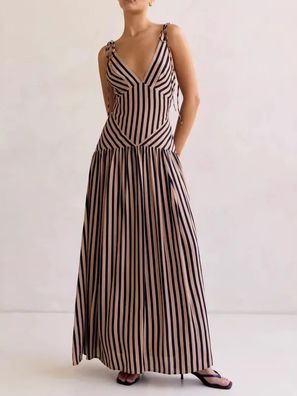 Striped V-Neck Tie-Shoulder Maxi Dress