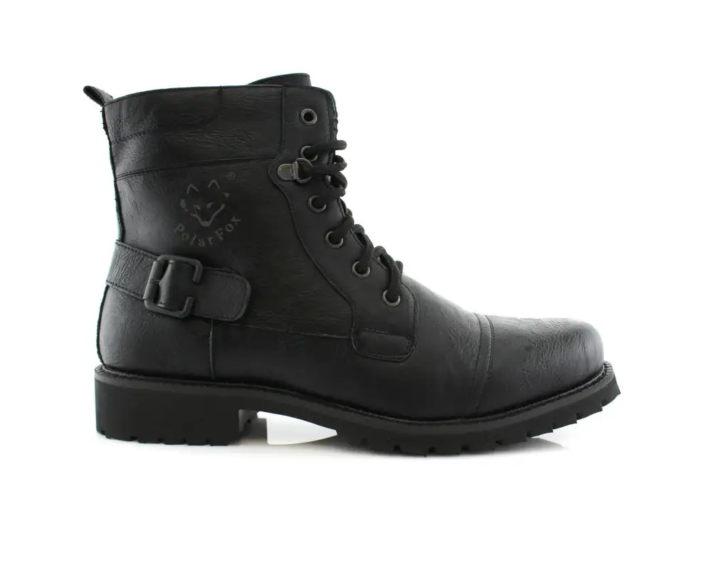 Faux-Leather Lace-Up Buckle-Detail Combat Boots