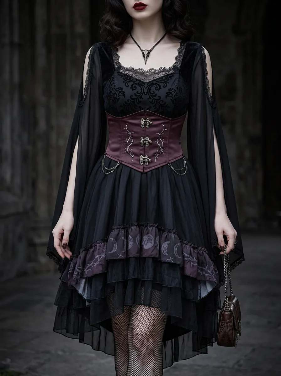Women's Gothic Moon Phase Thorn Printed Corset Mini Dress
