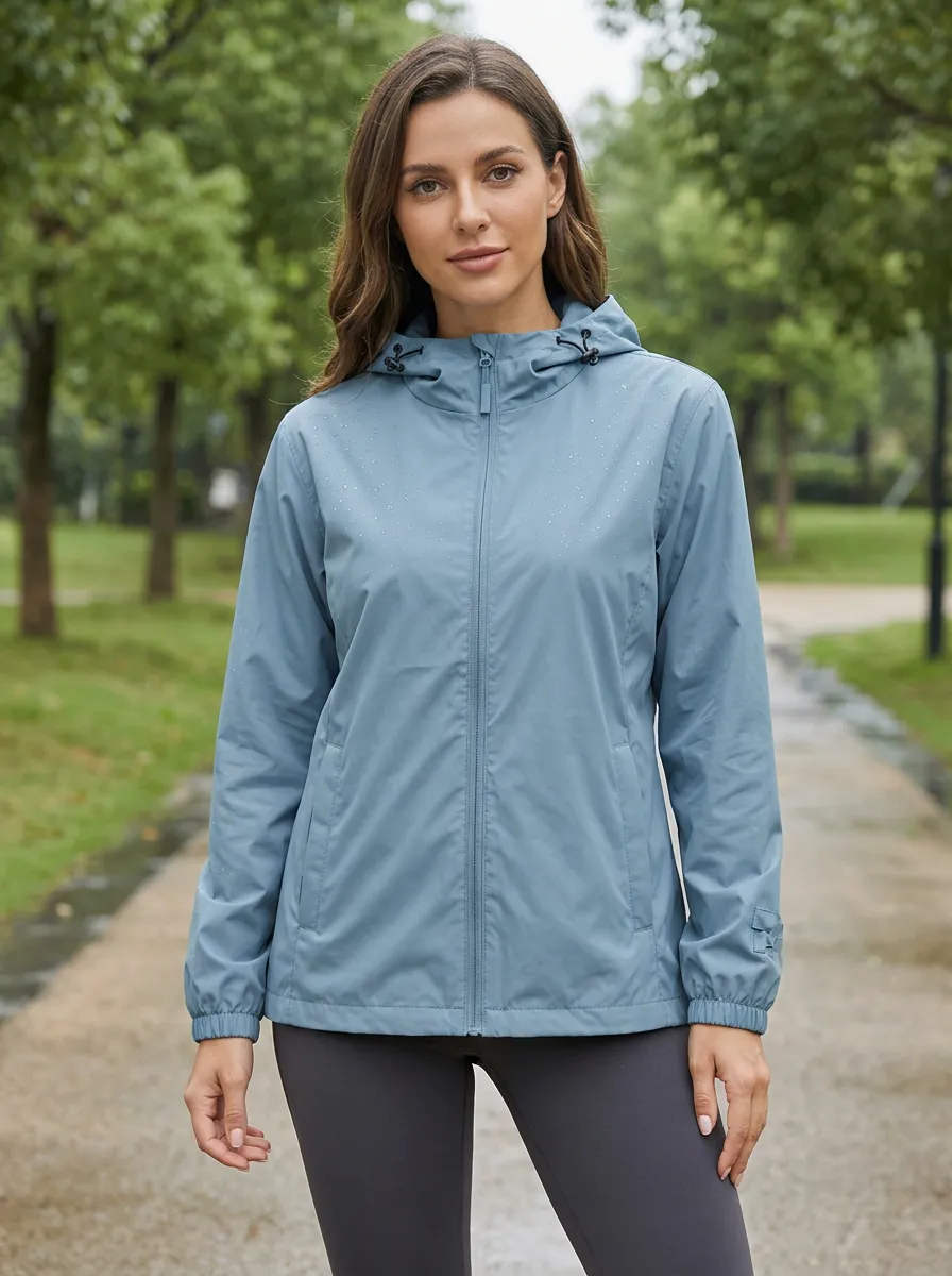 Women's Blue Solid Color Hooded Waterproof Jacket