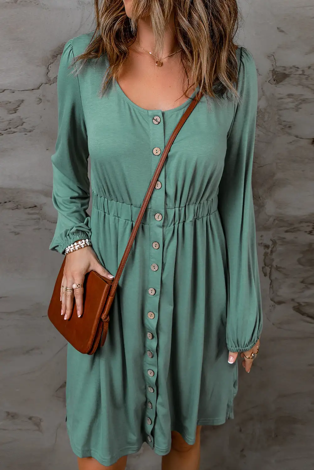 Long Sleeve Button Front Midi Dress