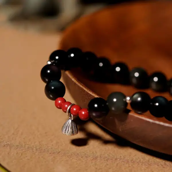 Natural Obsidian Cinnabar Lotus Charm Fulfillment Bracelet