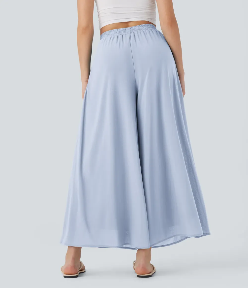 High Waisted Pocket Mesh Overlay Wide Leg Casual Pants
