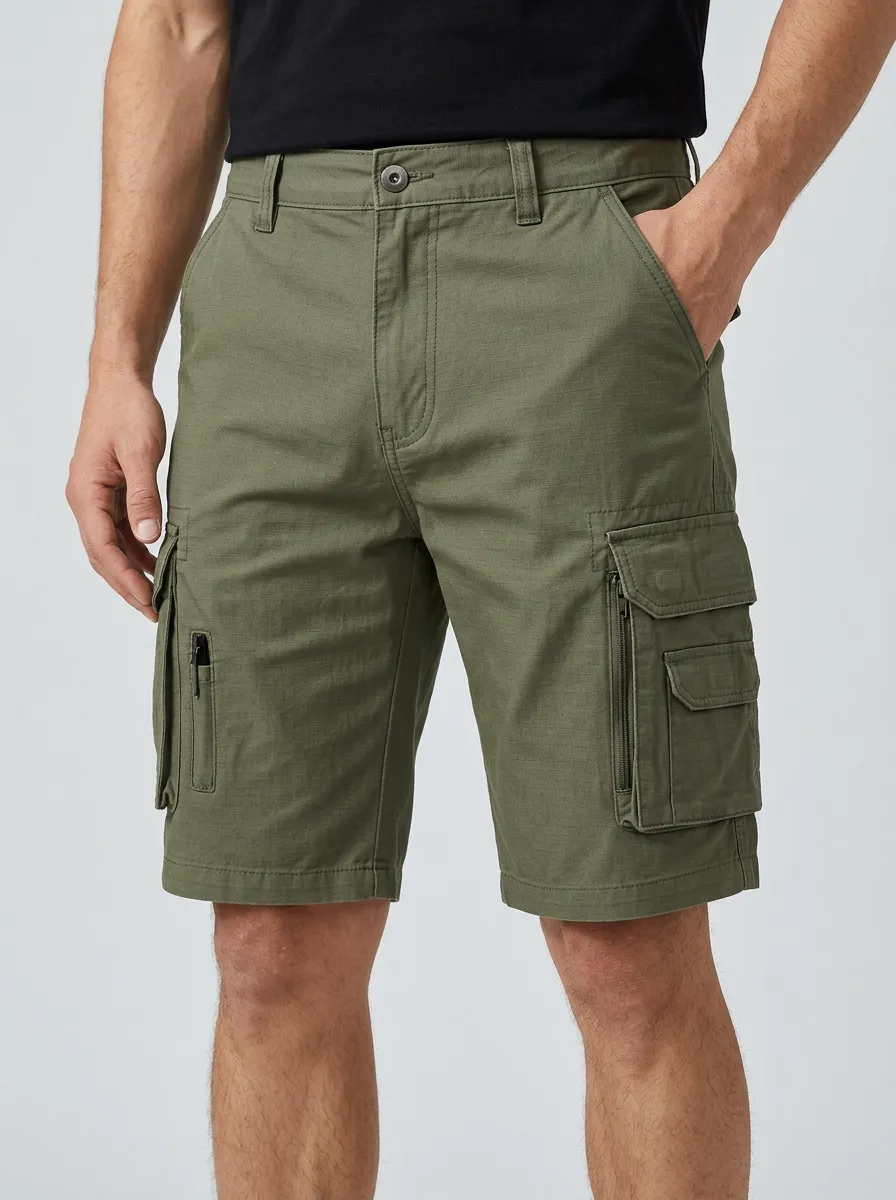 Men's Zip Cargo Pockets Grid Texture Cargo Shorts
