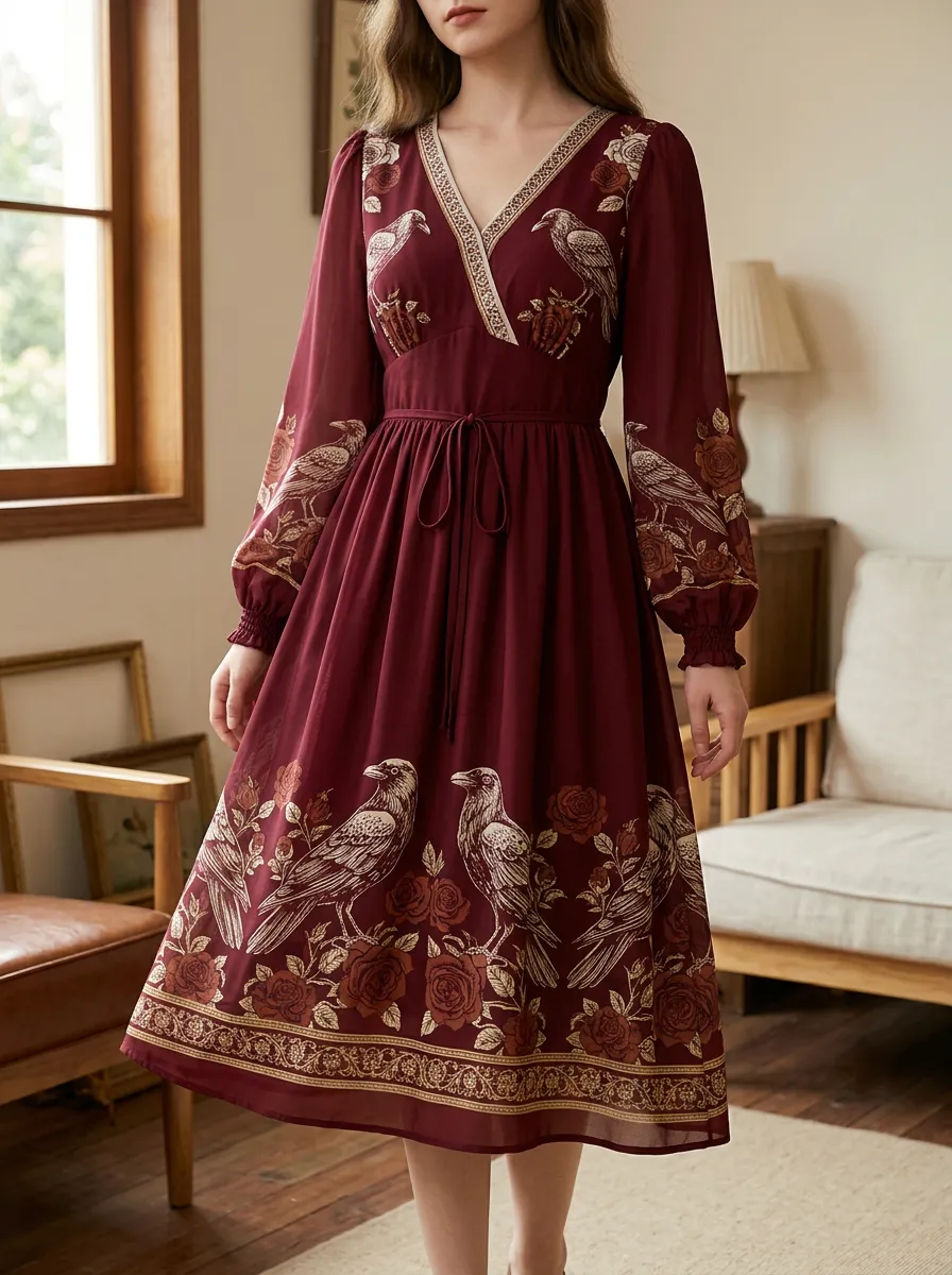 Women's Halloween Gothic Raven Rose V-Neck Midi Dress