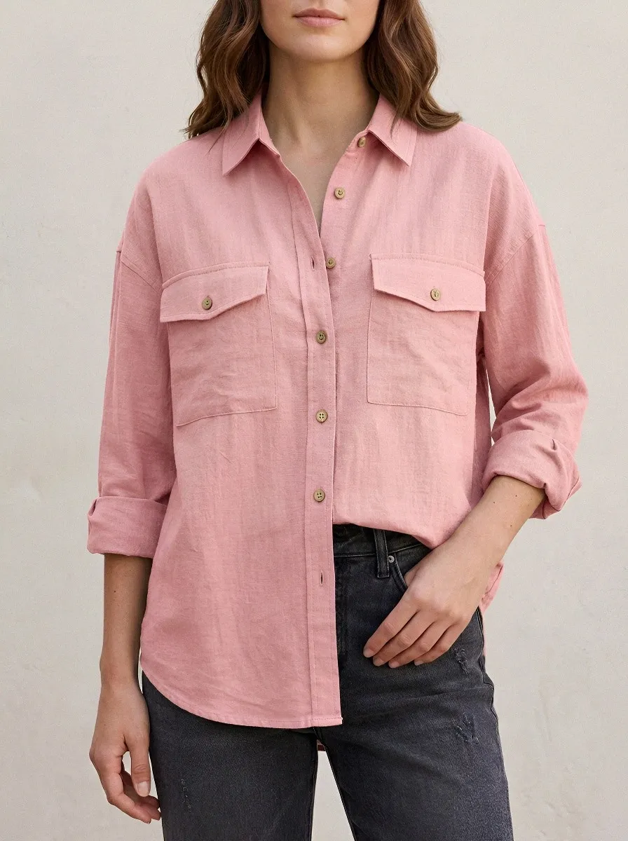 Women's Casual Olive Green Button-Down Linen Blend Shirt