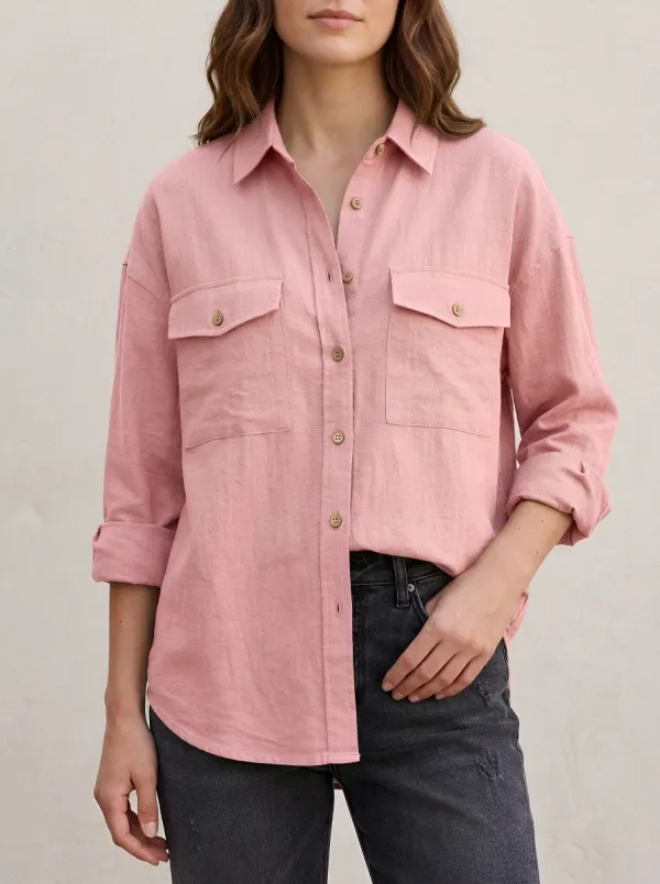 Women's Casual Olive Green Button-Down Linen Blend Shirt