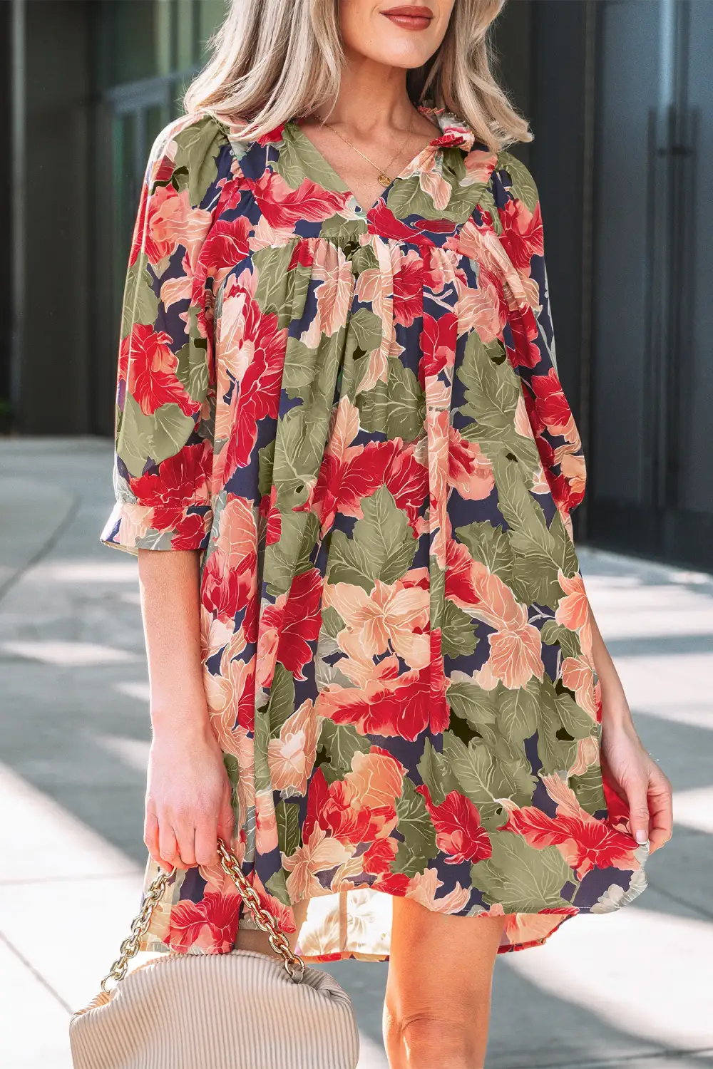 Drape Floral Printed V Neck Mini Dress