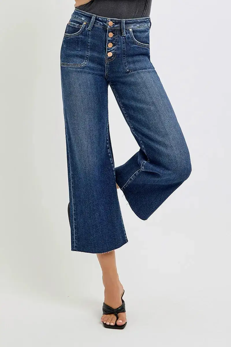 Easy High Waist Wide Leg Button Denim Jeans