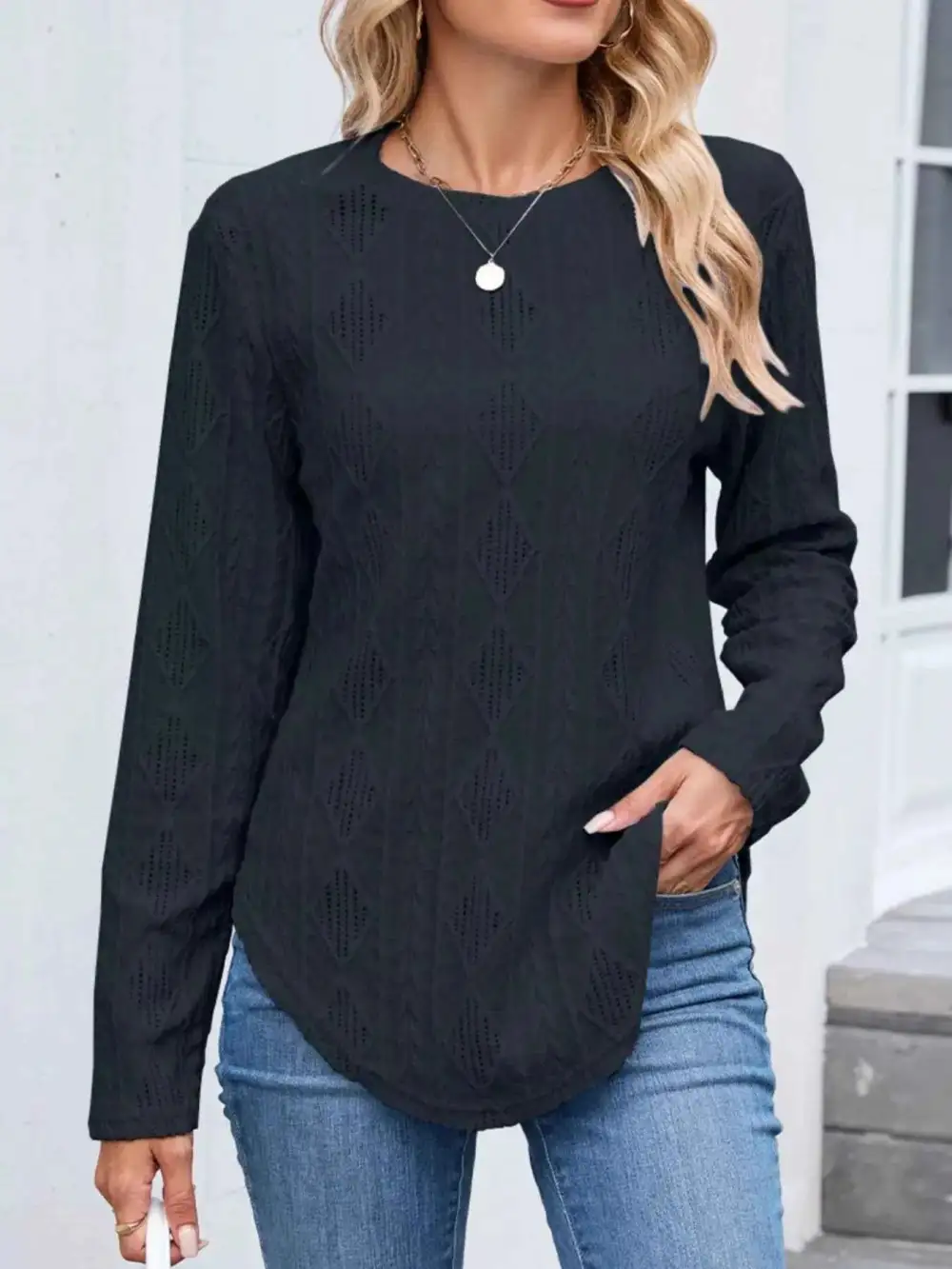 Openwork Textured Long Sleeve Top