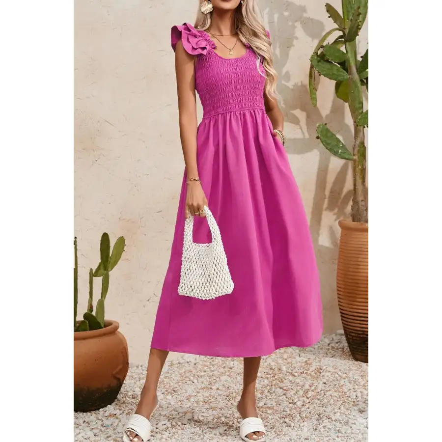 Solid Color Ruffled Straps Smocked Ruched Maxi Dress