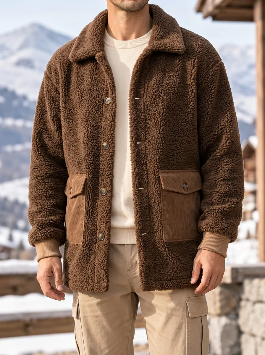 Men's Understated Brown Corduroy Trim Sherpa Fleece Casual Jacket