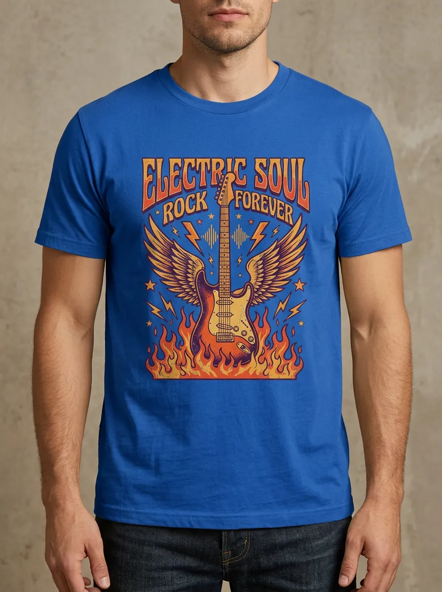 Men's Rock Music Lover Electric Guitar Wings Fire Printed T-shirt