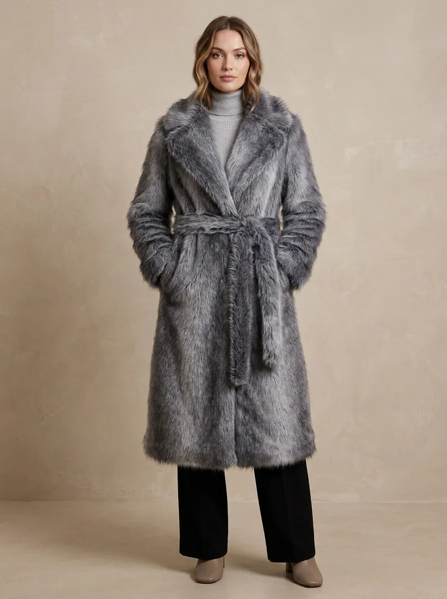 Textured Finish Faux Fur Belted Coat