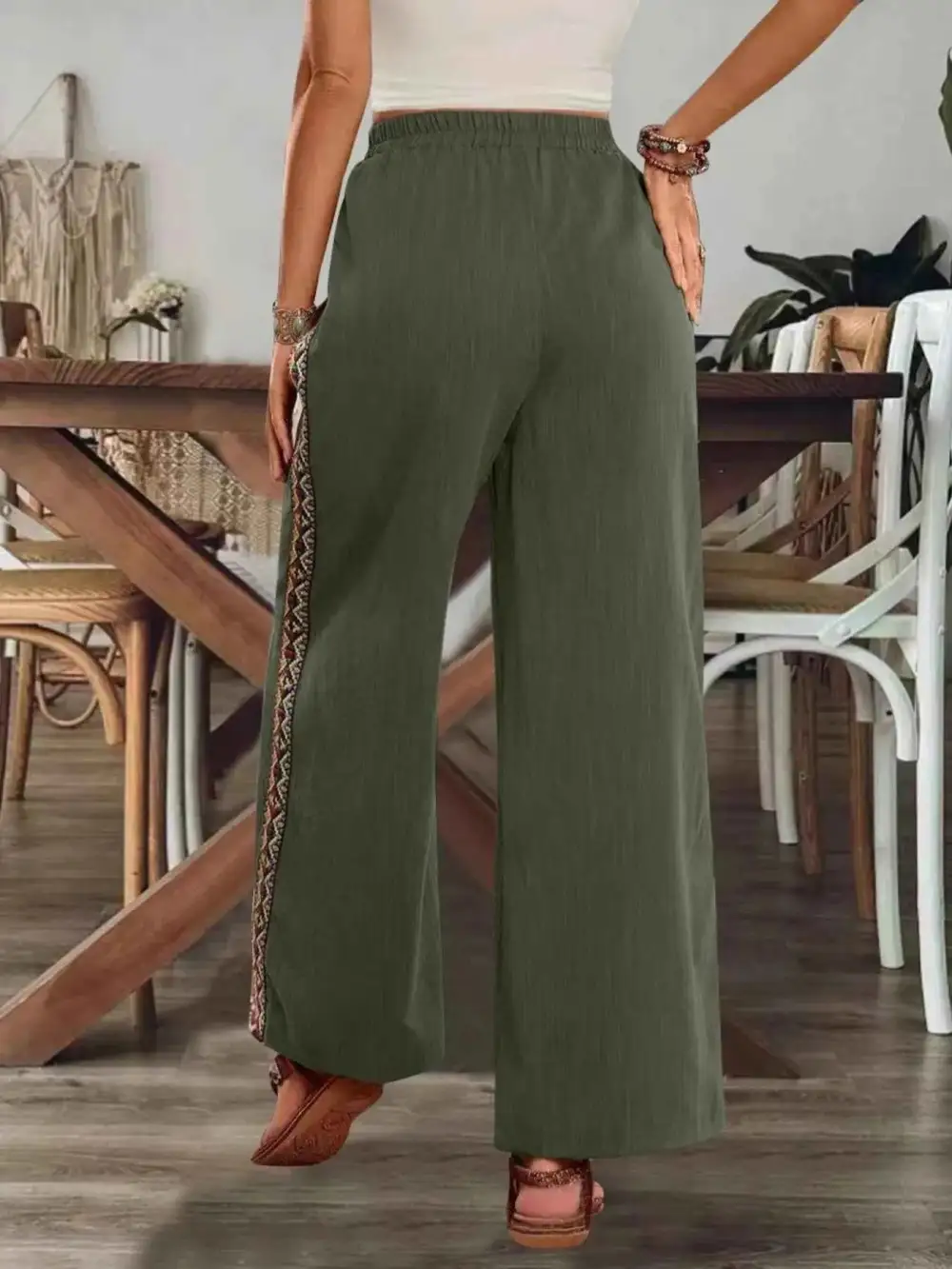 Bohemian Wide-Leg Embroidered Side Stripe Pants