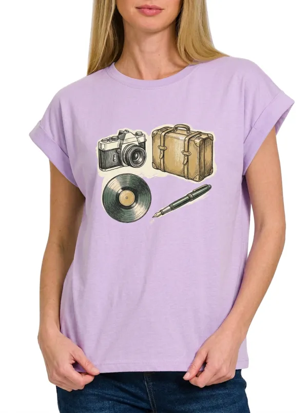 Women's Vintage Travel Hobby Camera Suitcase Vinyl Pen Graphic T-Shirt