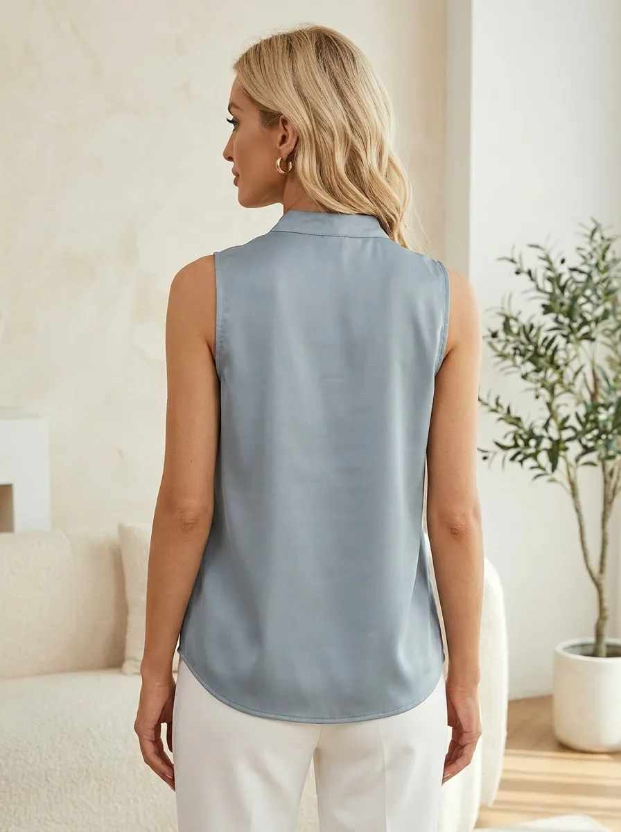 Mock Neck Pleated Sleeveless Satin Blouse