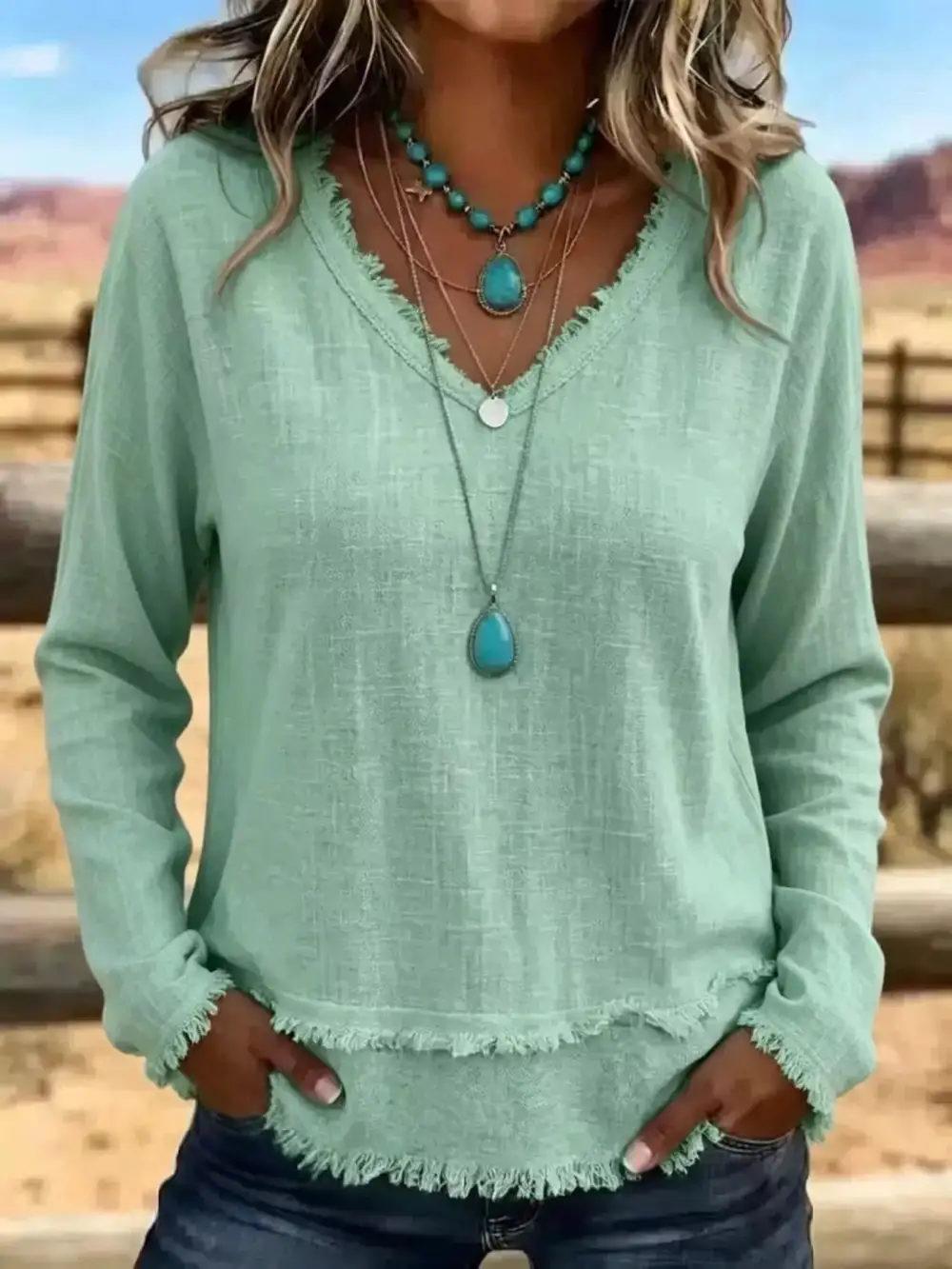 Long Sleeve V-Neck Frayed Hem Blouse