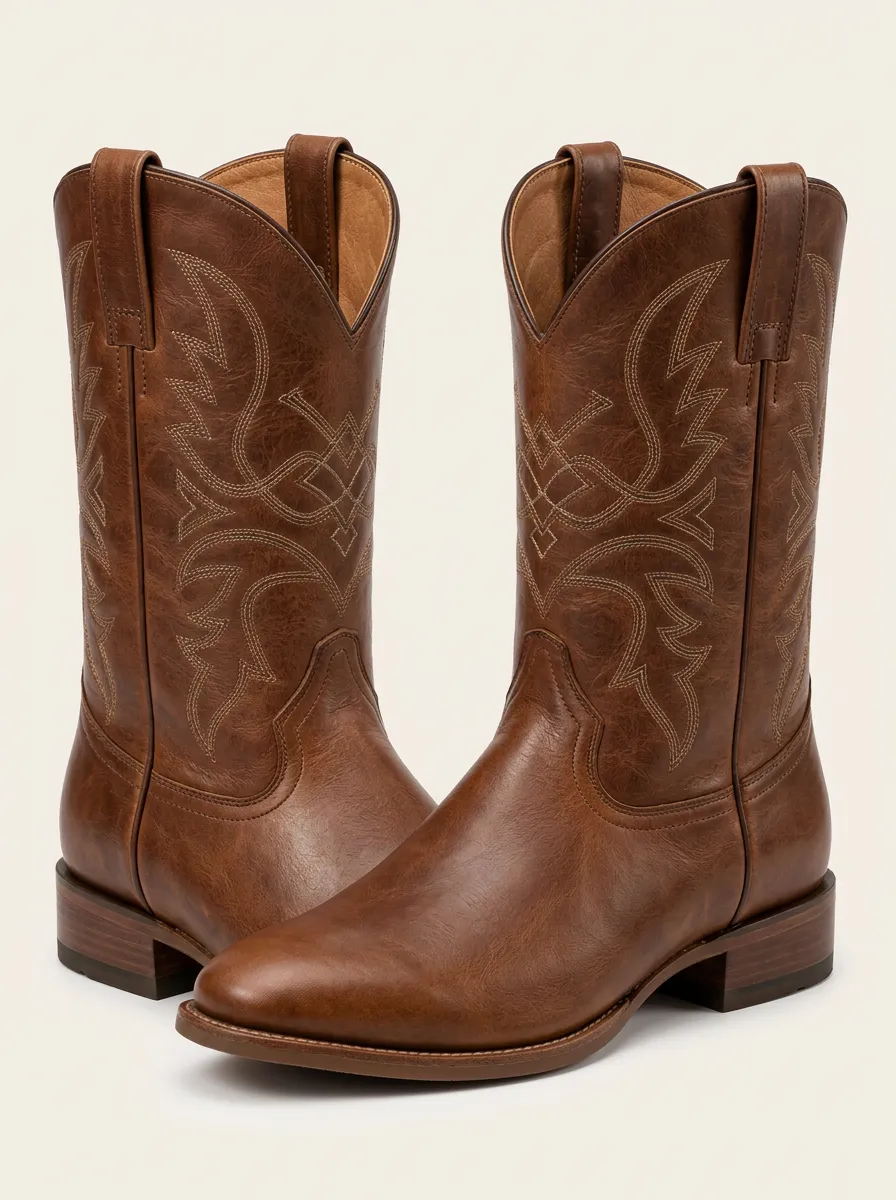 Men's Brown Faux Leather Western Boots with Embroidered Design