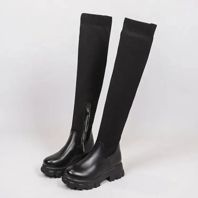 Mesh Round-Toe Square-Heel Knee-High Boots