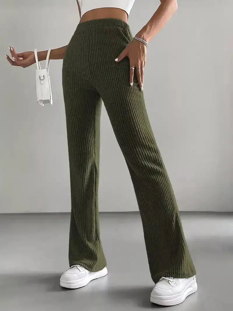 Classic Ribbed Knit High Waist Flare Pants