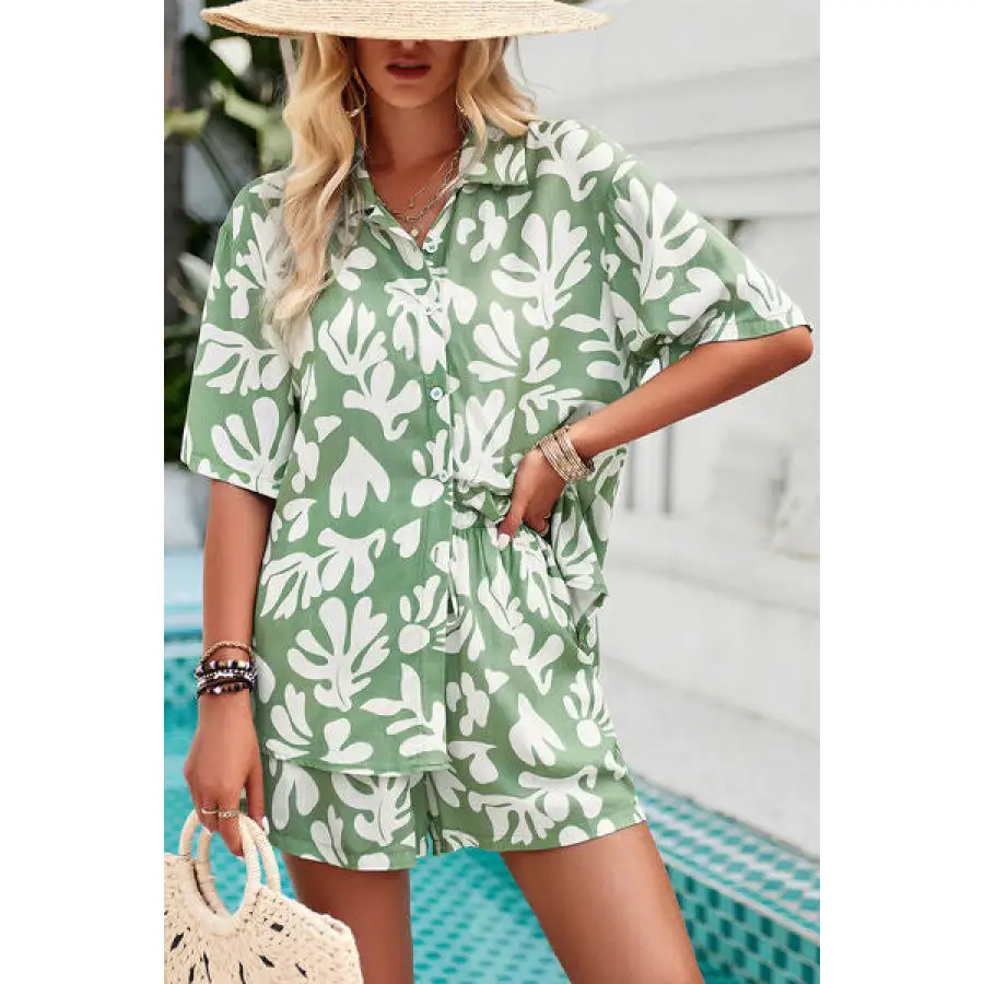 Vacation Printed Button Up Shirt and Shorts Set