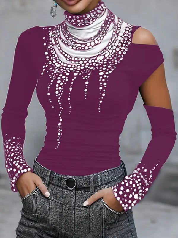 Long Sleeve Slim Fit Cutout Print High Neck T-Shirt