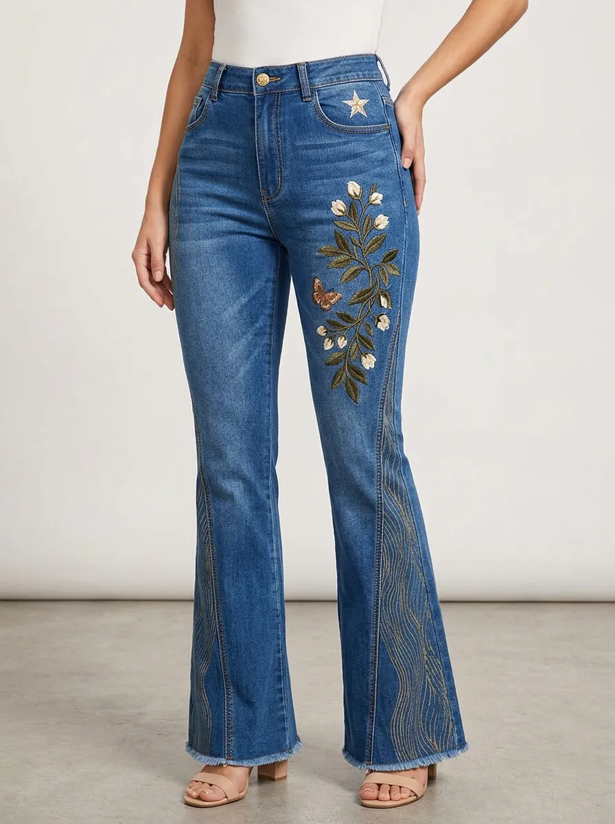 Women's Medium Wash Floral Butterfly Side Embroidery Flare Jeans