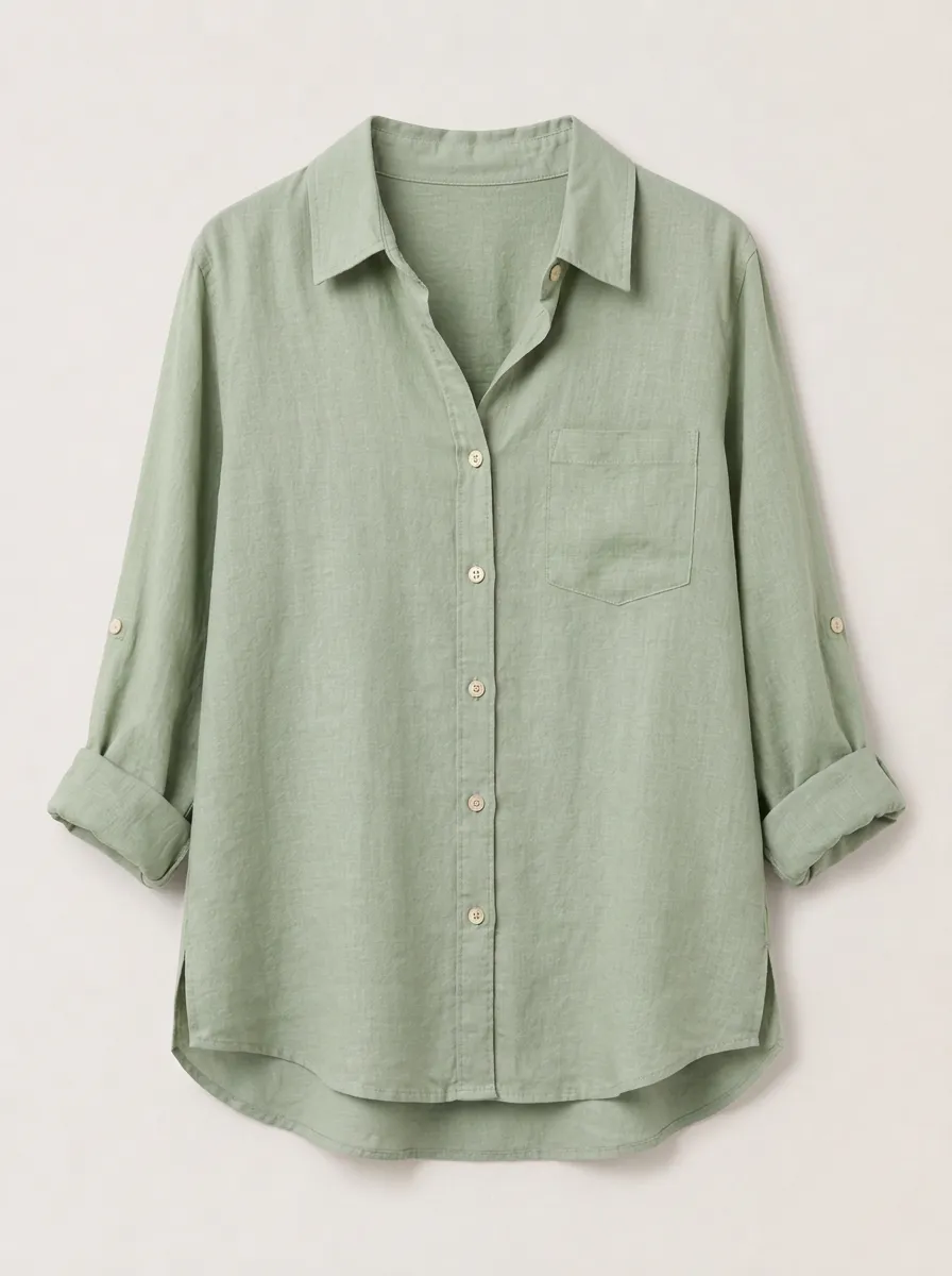 Women's Casual Sage Green Cotton Linen Roll-up Sleeve Button-down Shirt