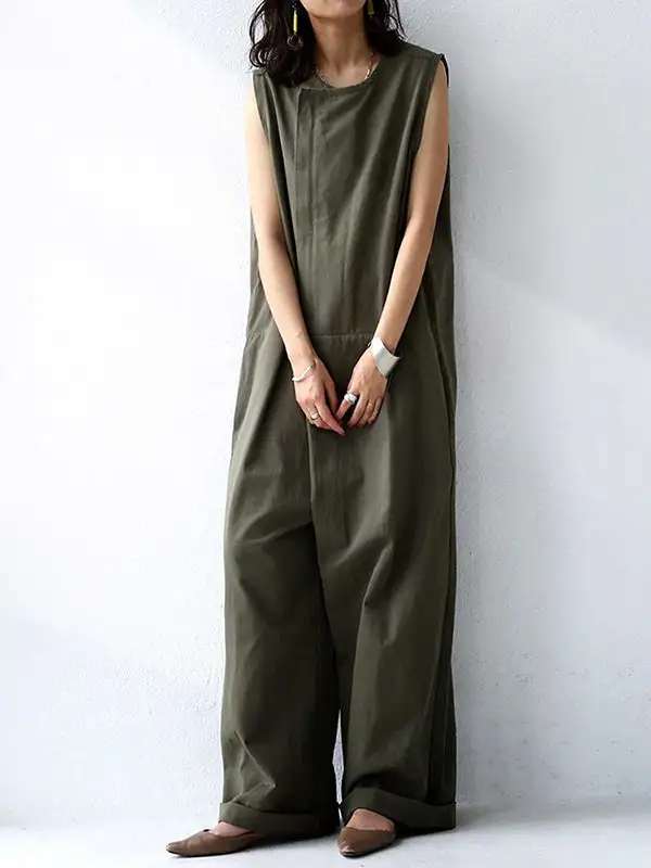Casual Effen Kleur Mouwloze Jumpsuits Met Ronde Hals
