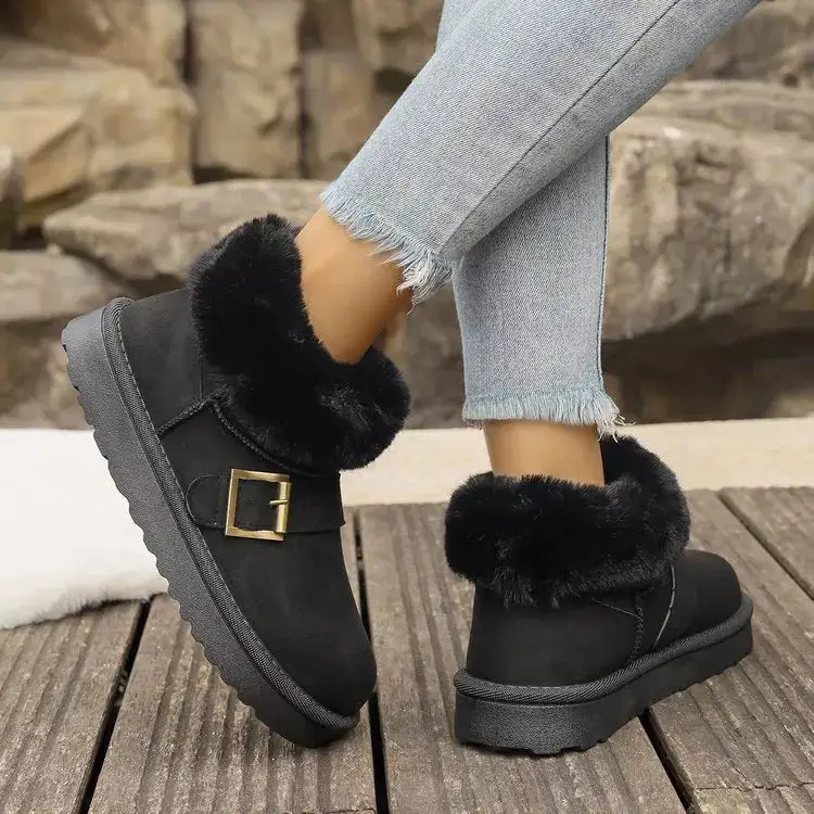 Fuzzy Trim Buckle Accent Winter Boots