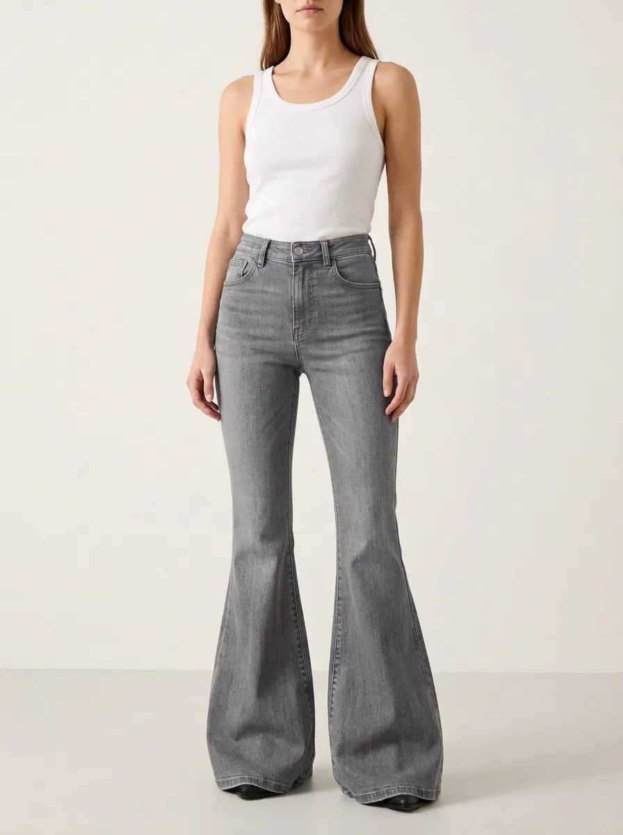 Understated Faded Finish High Rise Flare Jeans