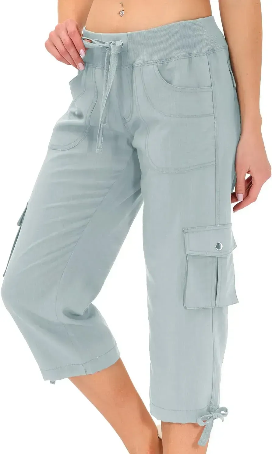 MoFiz Womens Capris with Pockets Loose Fit Casual Capri Pants Dressy Lightweight Ladies Baggy Cargo Pants for Hiking
