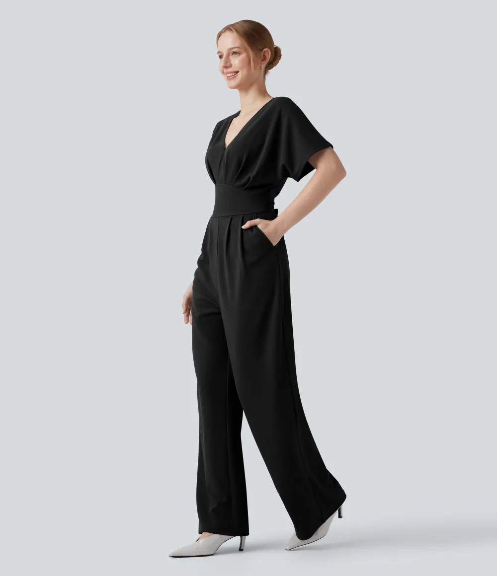 Wrinkle-resistant V-neck Batwing Sleeve Wide Leg Work Jumpsuit with Pockets-Easy Peezy