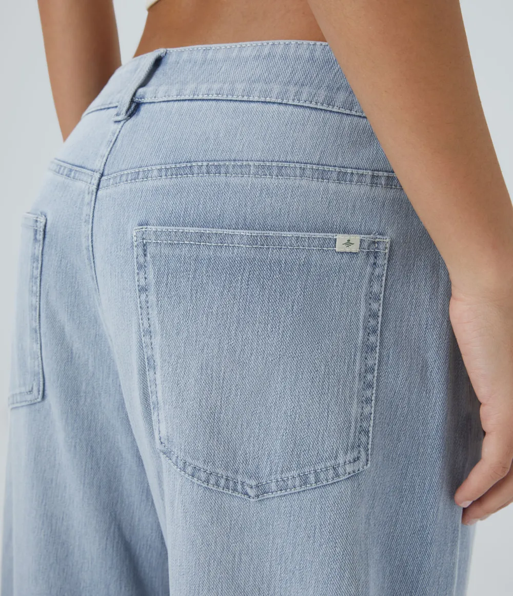 Magic Low Rise Button Zipper Multiple Pockets Washed Stretchy Knit Wide Leg Casual Jeans