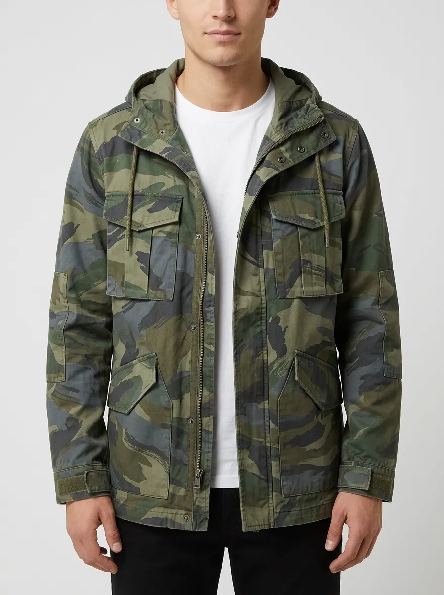 Men's Hooded Camouflage Outerwear with Snap Detail