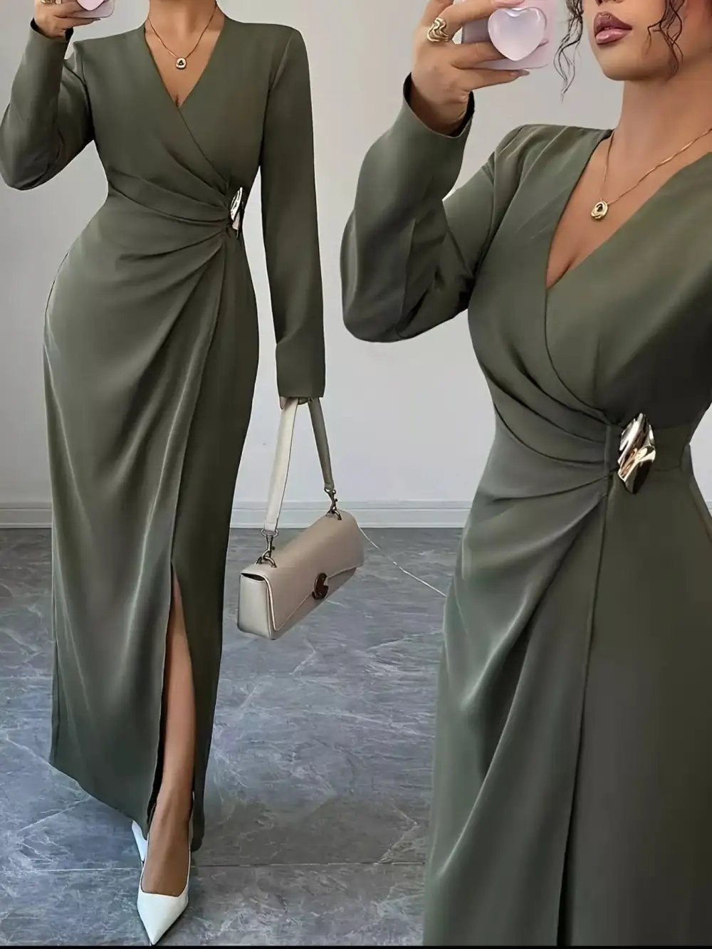 Polished Detail Slit Long Sleeve Maxi Dress