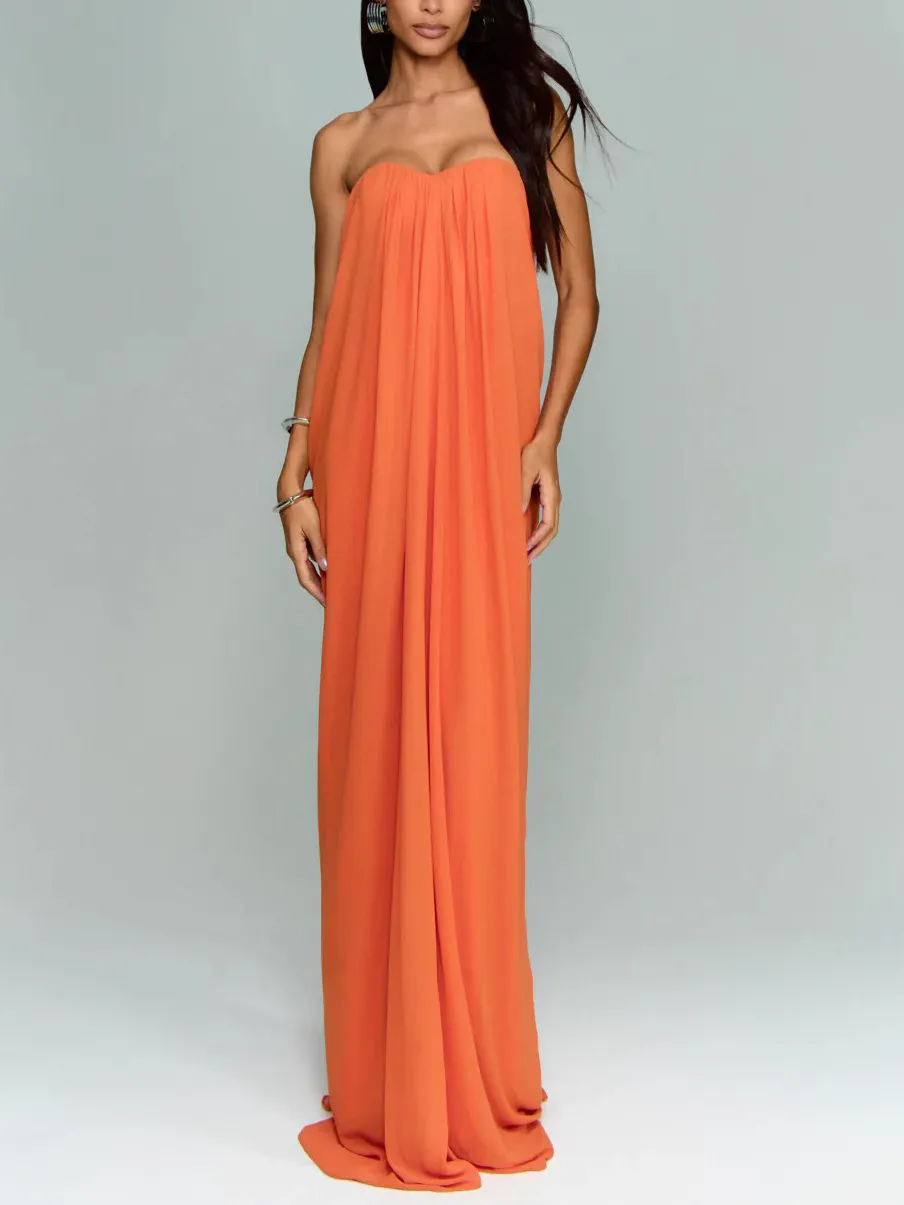Strapless A Line Pleated Maxi Dress