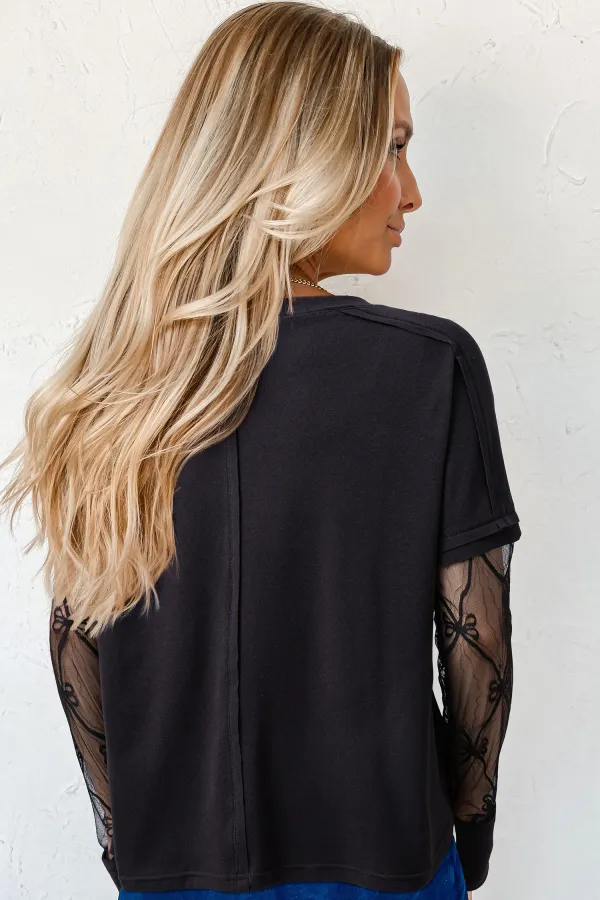 Black Bow Textured Patchwork Long Sleeve Tee