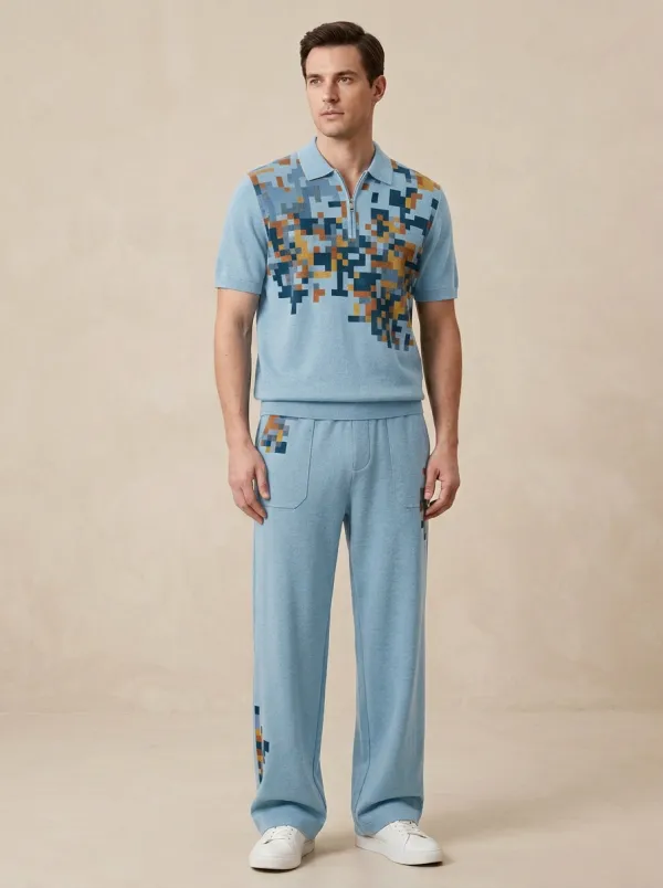 Men's Geometric Pixel Pattern Printed Casual Lounge Set