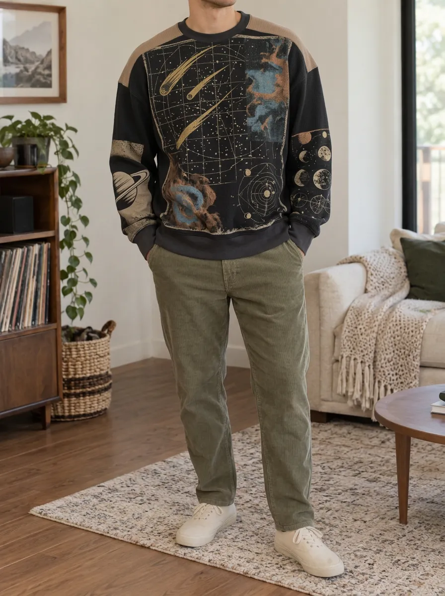 Men's Space Astronomy Galaxy Printed Waffle Knit Sweatshirt