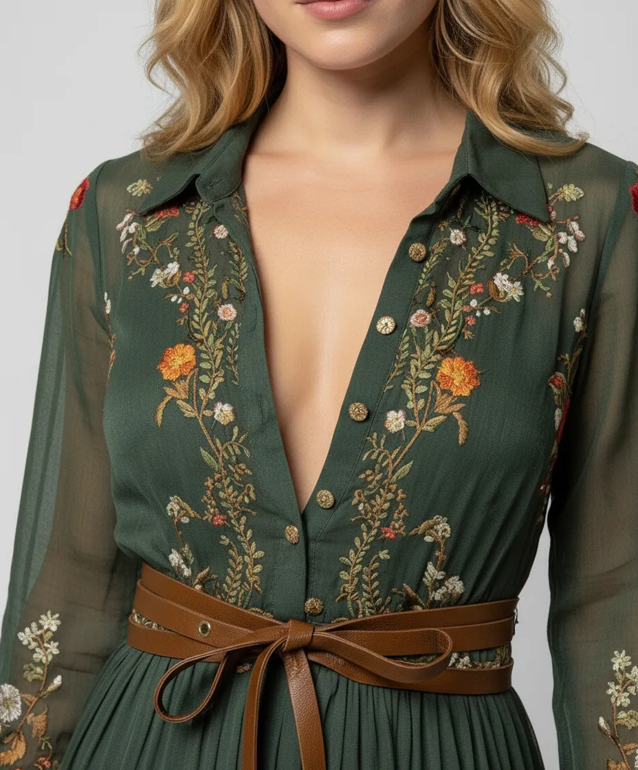 Women's V-Neck Long-Sleeve Boho Maxi Dress