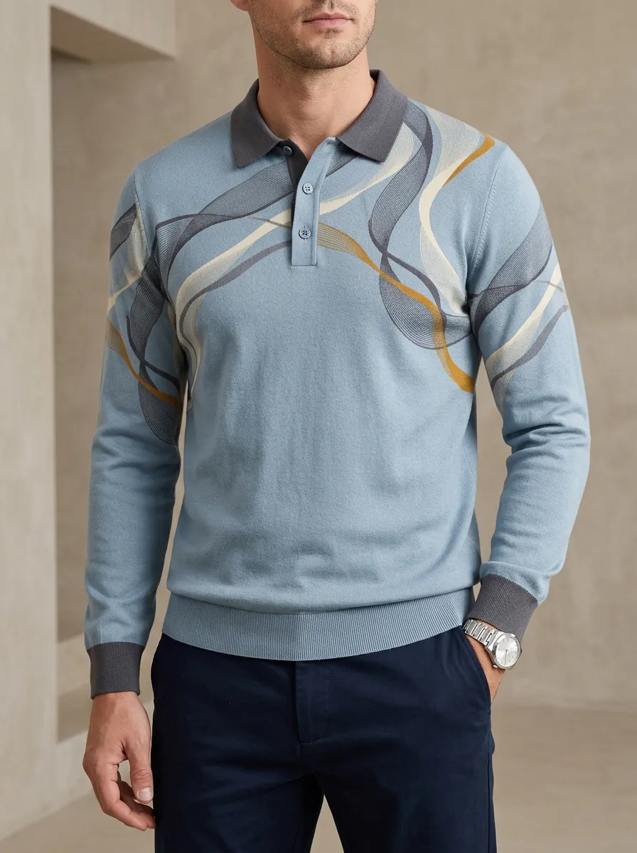 Men's Abstract Wave Pattern Printed Long Sleeve Polo Shirt Modern Pattern