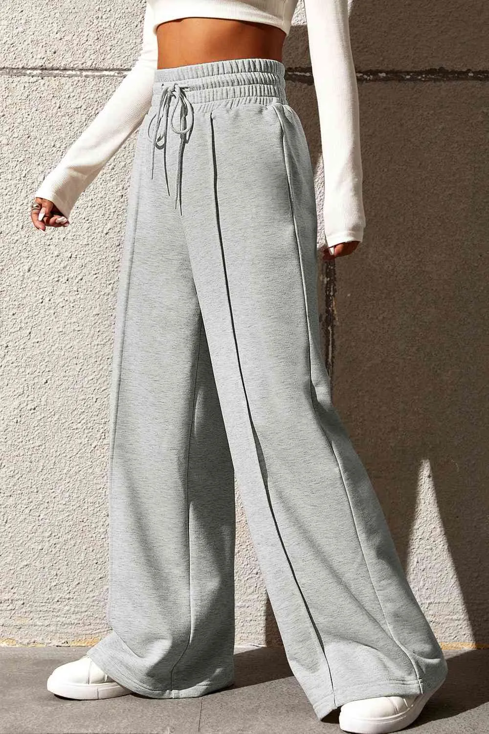 Polished Drawstring Wide Leg Pants With Pocket