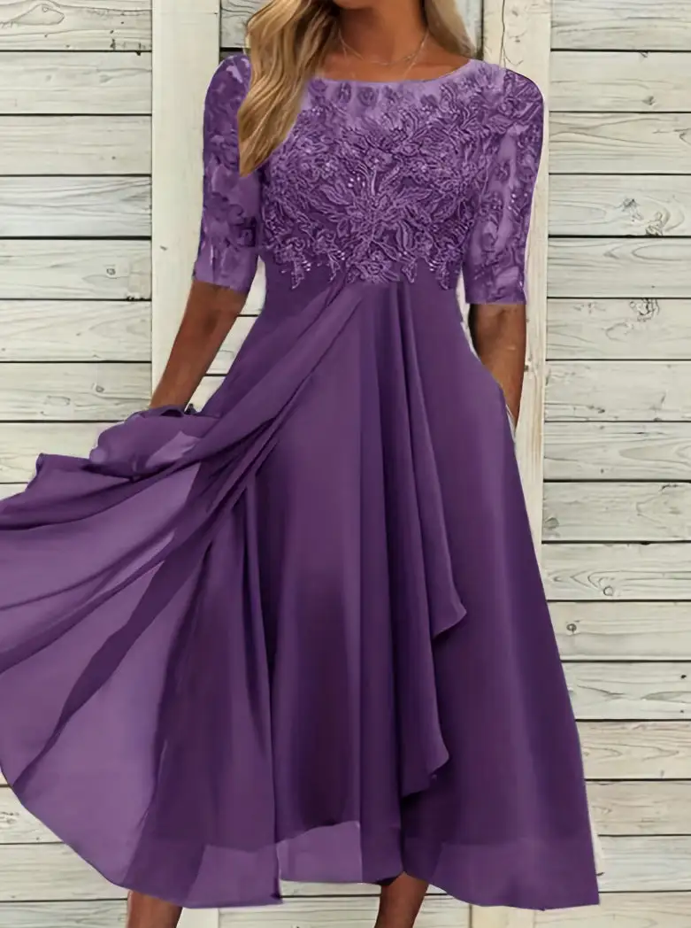 Women's A-Line Three-Quarter-Sleeve Lace Floral Midi Dress