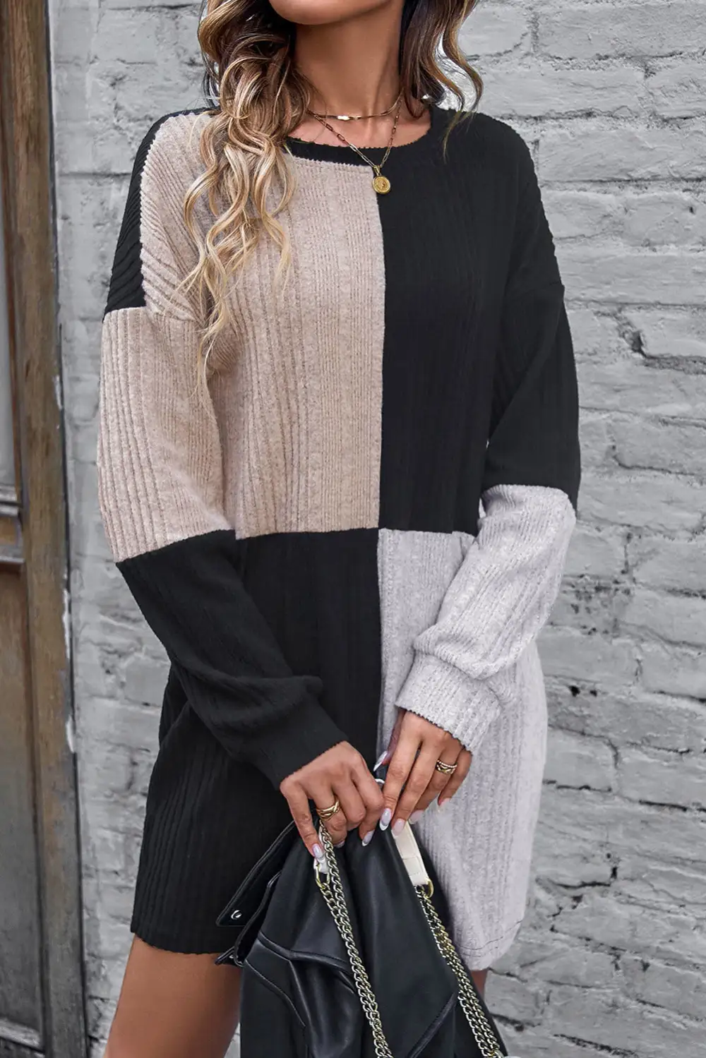 Ribbed Color Block Drop Shoulder Long Sleeve Mini Dress