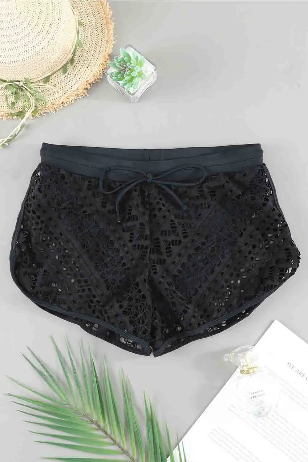 Swimwear Lace Panel Drawstring Waist Plus Size Swim Shorts